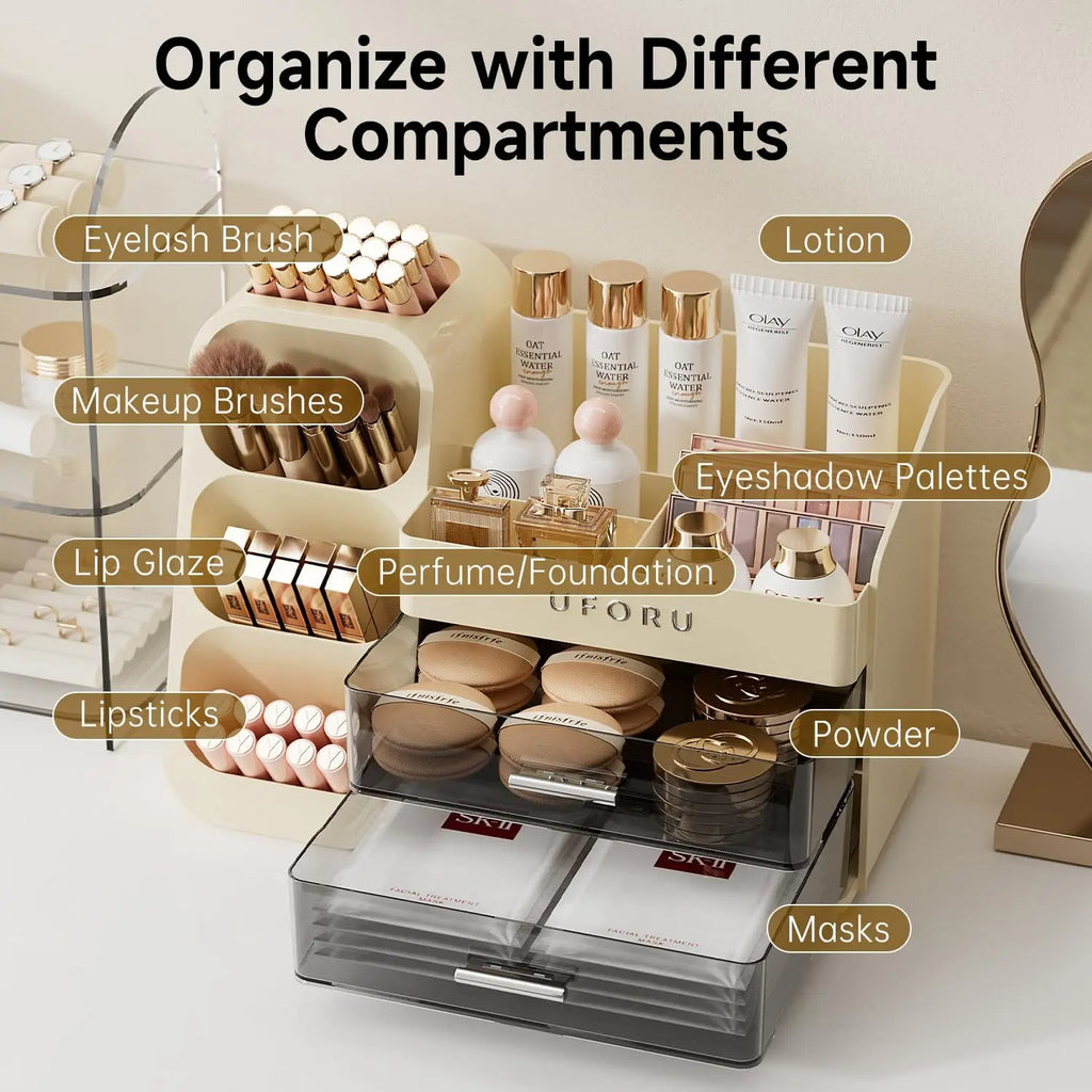 2 Drawers Makeup Organizer with Brush Holder Spacious Vanity Countertop Case for Skincare Perfumes Eyeshadow Palettes