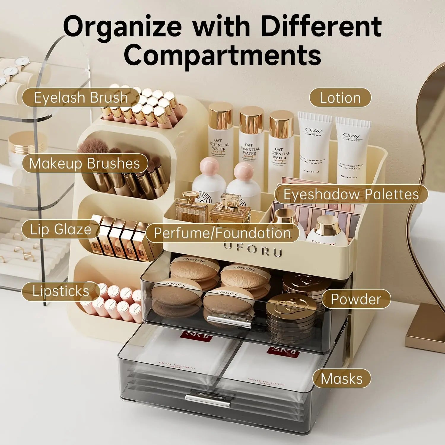 2 Drawers Makeup Organizer with Brush Holder Spacious Vanity Countertop Case for Skincare Perfumes Eyeshadow Palettes