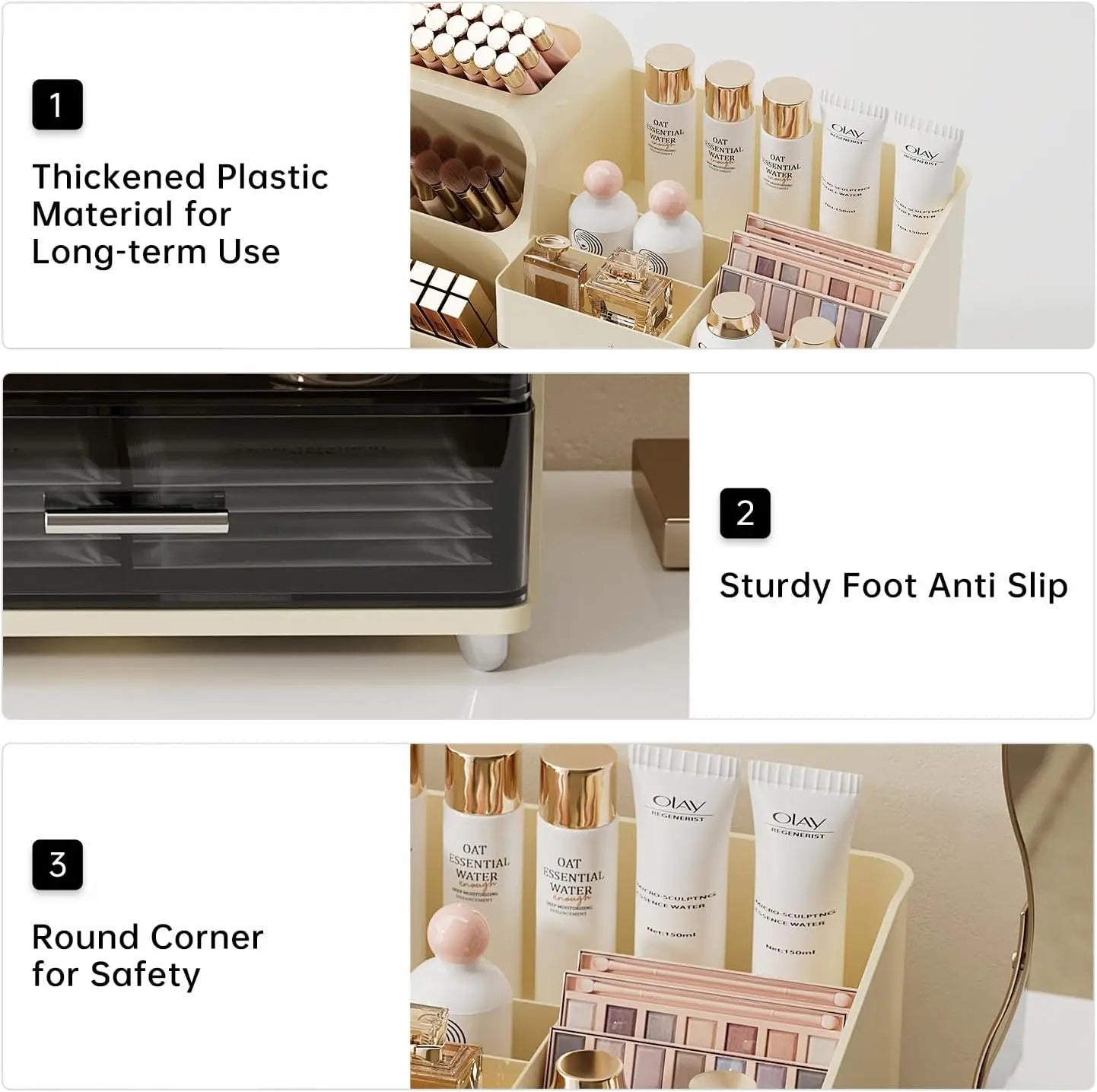 2 Drawers Makeup Organizer with Brush Holder Spacious Vanity Countertop Case for Skincare Perfumes Eyeshadow Palettes