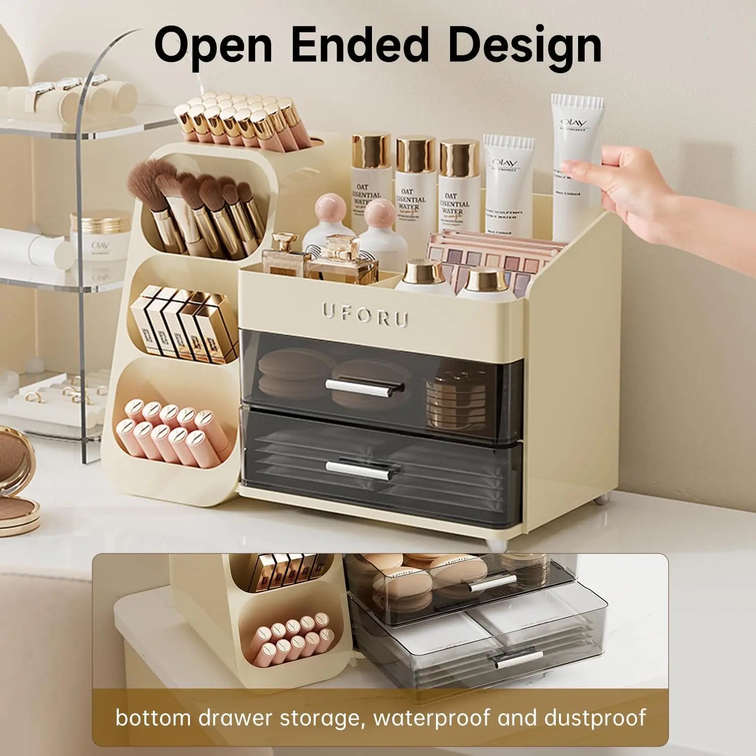 2 Drawers Makeup Organizer with Brush Holder Spacious Vanity Countertop Case for Skincare Perfumes Eyeshadow Palettes