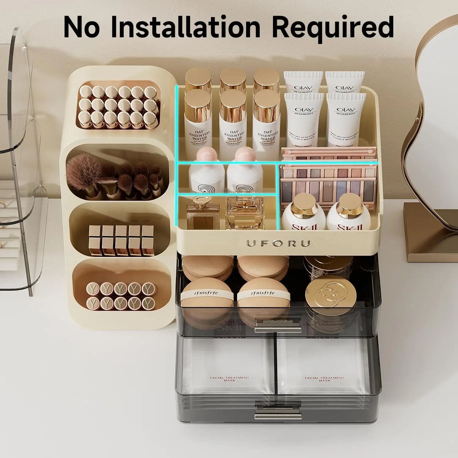 2 Drawers Makeup Organizer with Brush Holder Spacious Vanity Countertop Case for Skincare Perfumes Eyeshadow Palettes