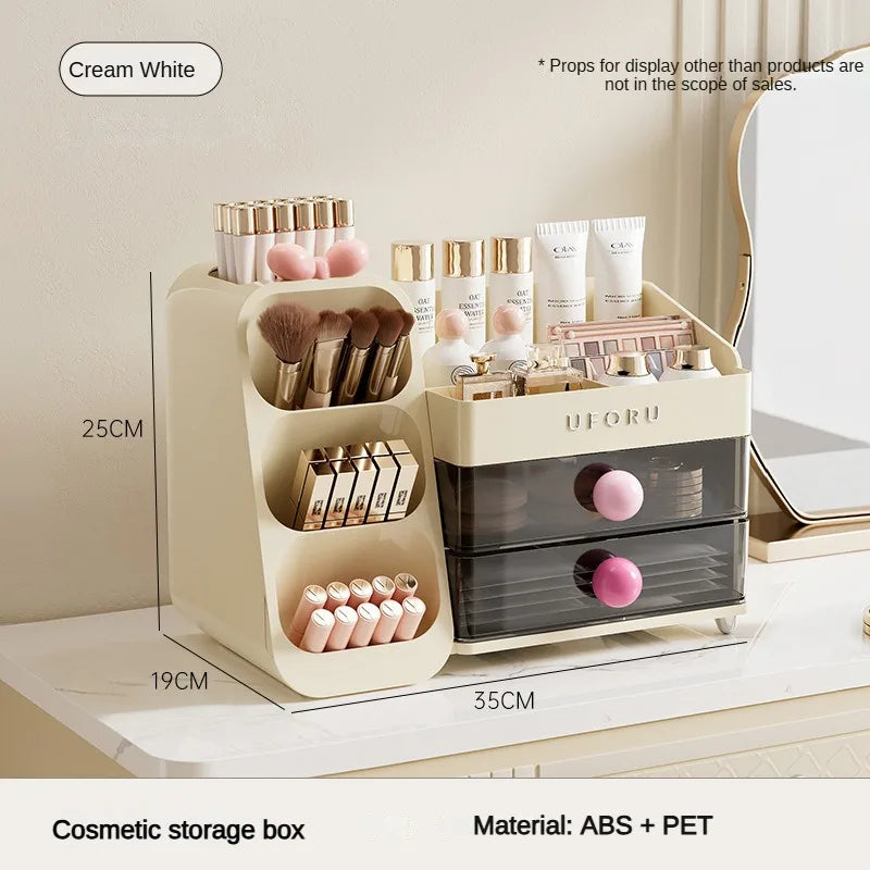 2 Drawers Makeup Organizer with Brush Holder Spacious Vanity Countertop Case for Skincare Perfumes Eyeshadow Palettes