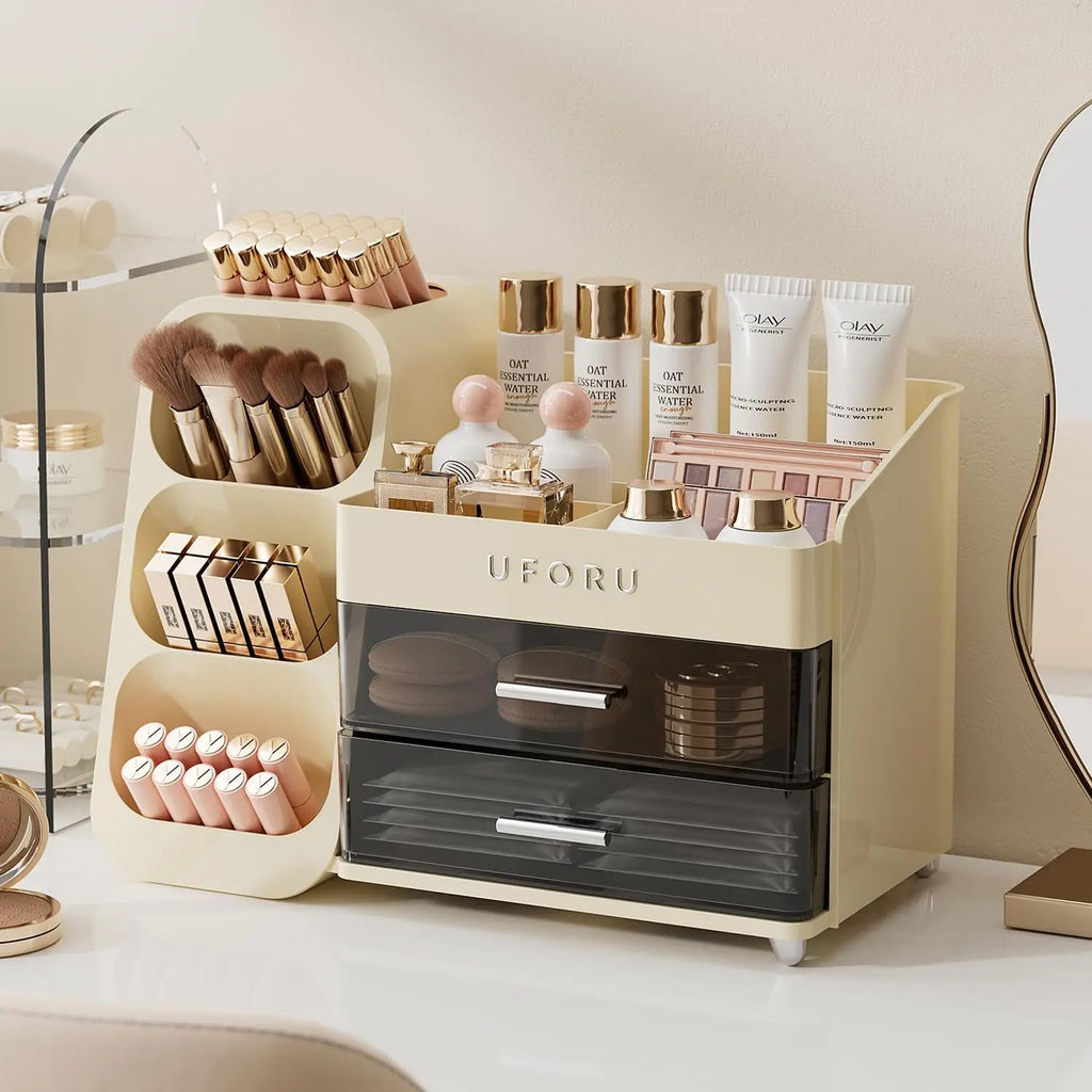 2 Drawers Makeup Organizer with Brush Holder Spacious Vanity Countertop Case for Skincare Perfumes Eyeshadow Palettes