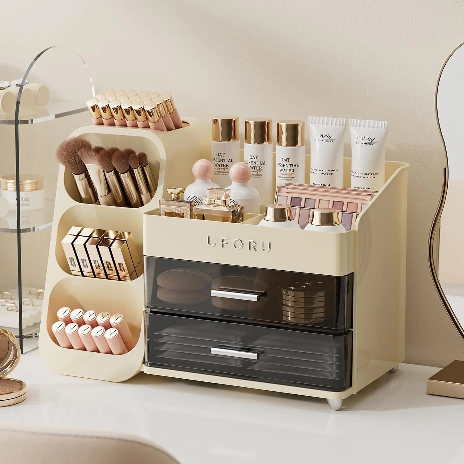 2 Drawers Makeup Organizer with Brush Holder Spacious Vanity Countertop Case for Skincare Perfumes Eyeshadow Palettes